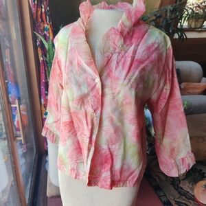 VTG Pink Floral Blouse M/L 50s 60s Button Up Chiffon Satin Ruffle Collar Sleeves